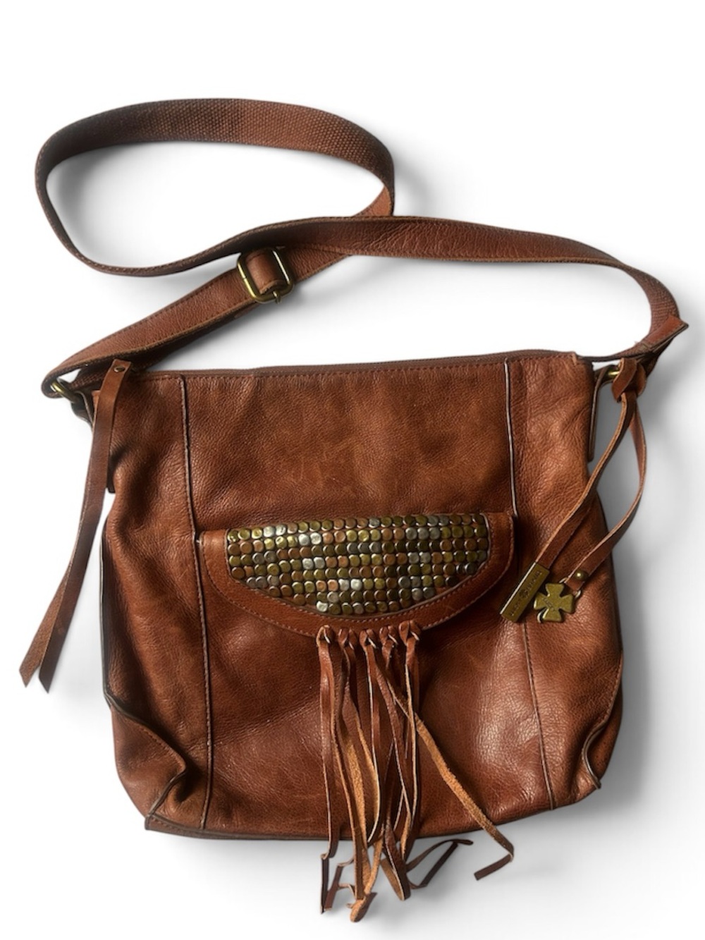 Lucky Brand Brown Leather Fringe studded Crossbody Bag